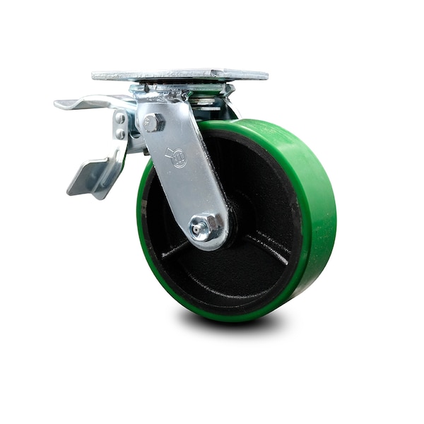 6 Inch Green Poly on Cast Iron Caster with Ball Bearing and Total Lock Brake SCC